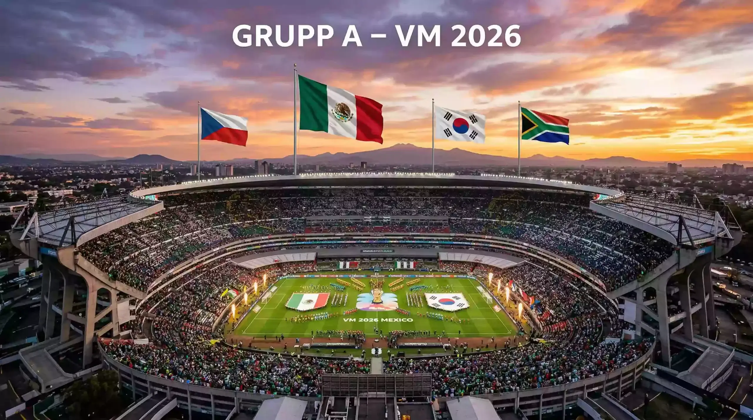 Grupp A på VM 2026 med flaggor från Mexiko, Sydkorea, Sydafrika och Tjeckien