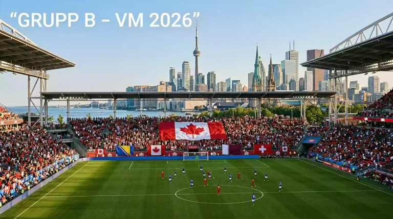 Grupp B på VM 2026 med flaggor från Kanada, Bosnien och Hercegovina, Qatar och Schweiz