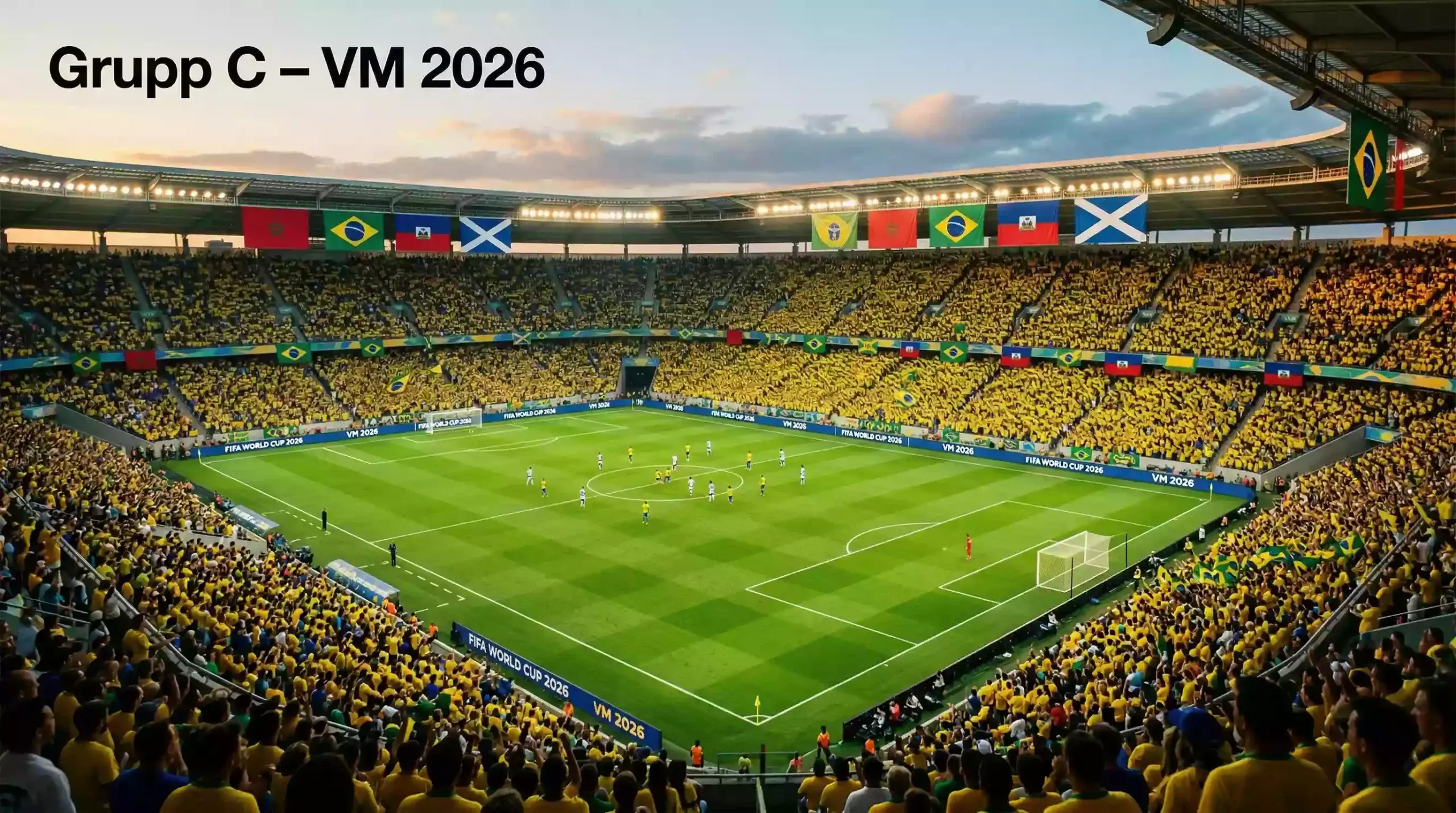 Grupp C på VM 2026 med flaggor från Brasilien, Marocko, Haiti och Skottland