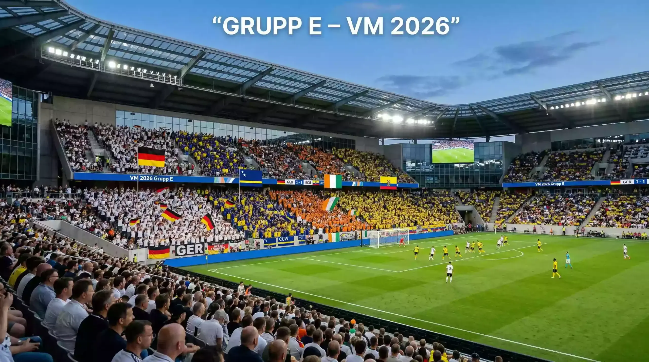 Grupp E på VM 2026 med flaggor från Tyskland, Curaçao, Elfenbenskusten och Ecuador