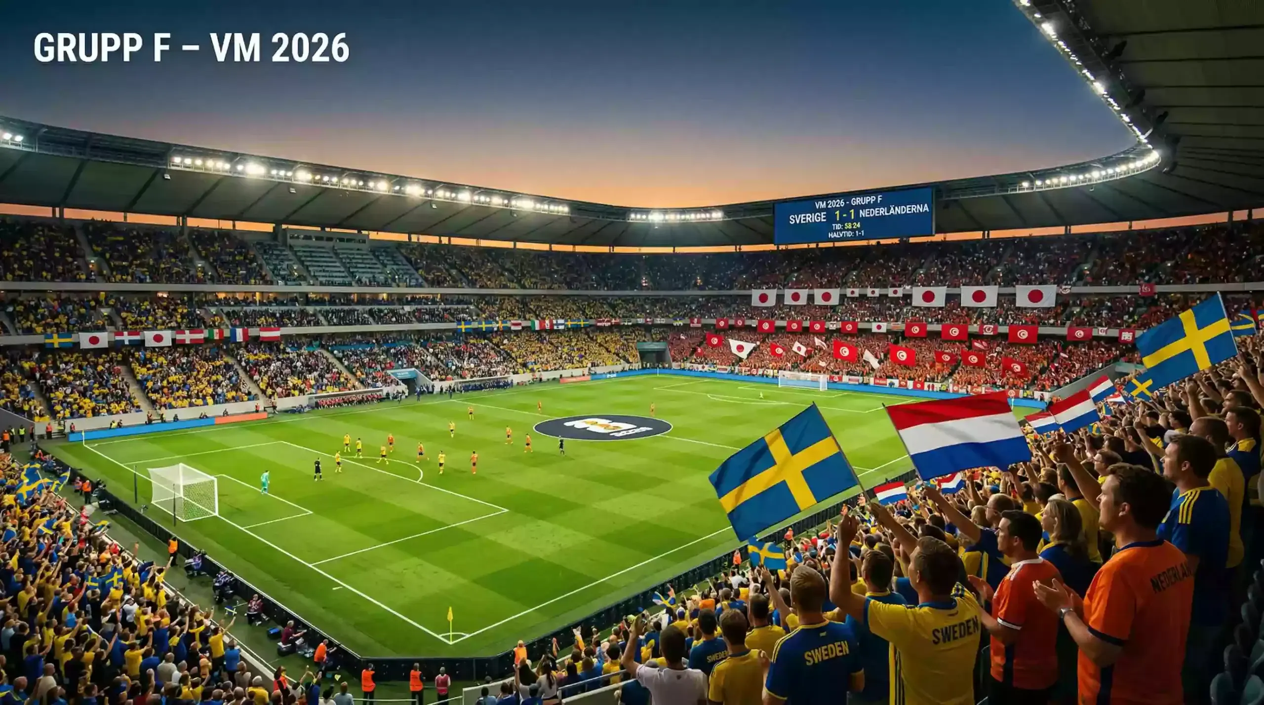 Grupp F på VM 2026 med flaggor från Sverige, Nederländerna, Japan och Tunisien