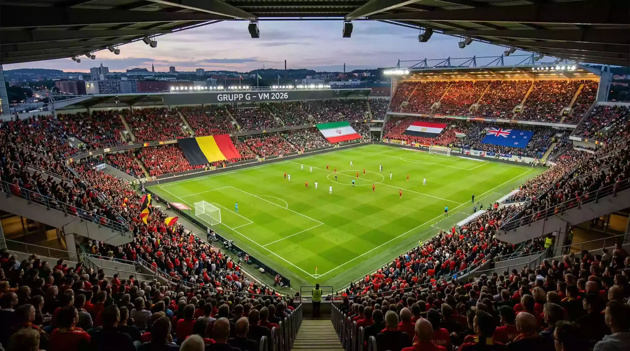 Grupp G på VM 2026 med flaggor från Belgien, Egypten, Iran och Nya Zeeland