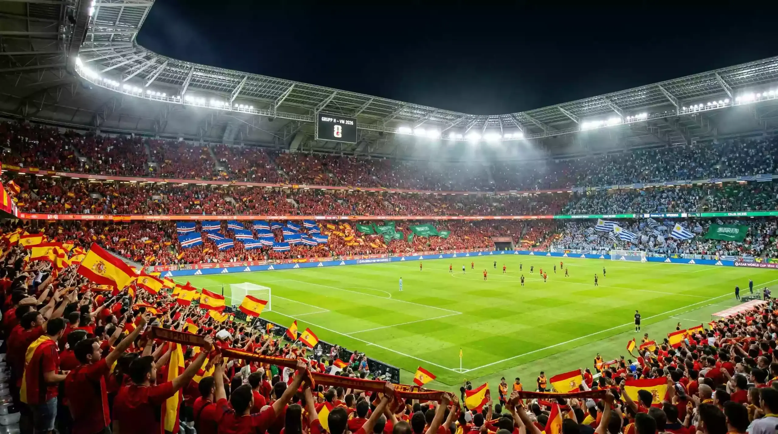 Grupp H på VM 2026 med flaggor från Spanien, Kap Verde, Saudiarabien och Uruguay
