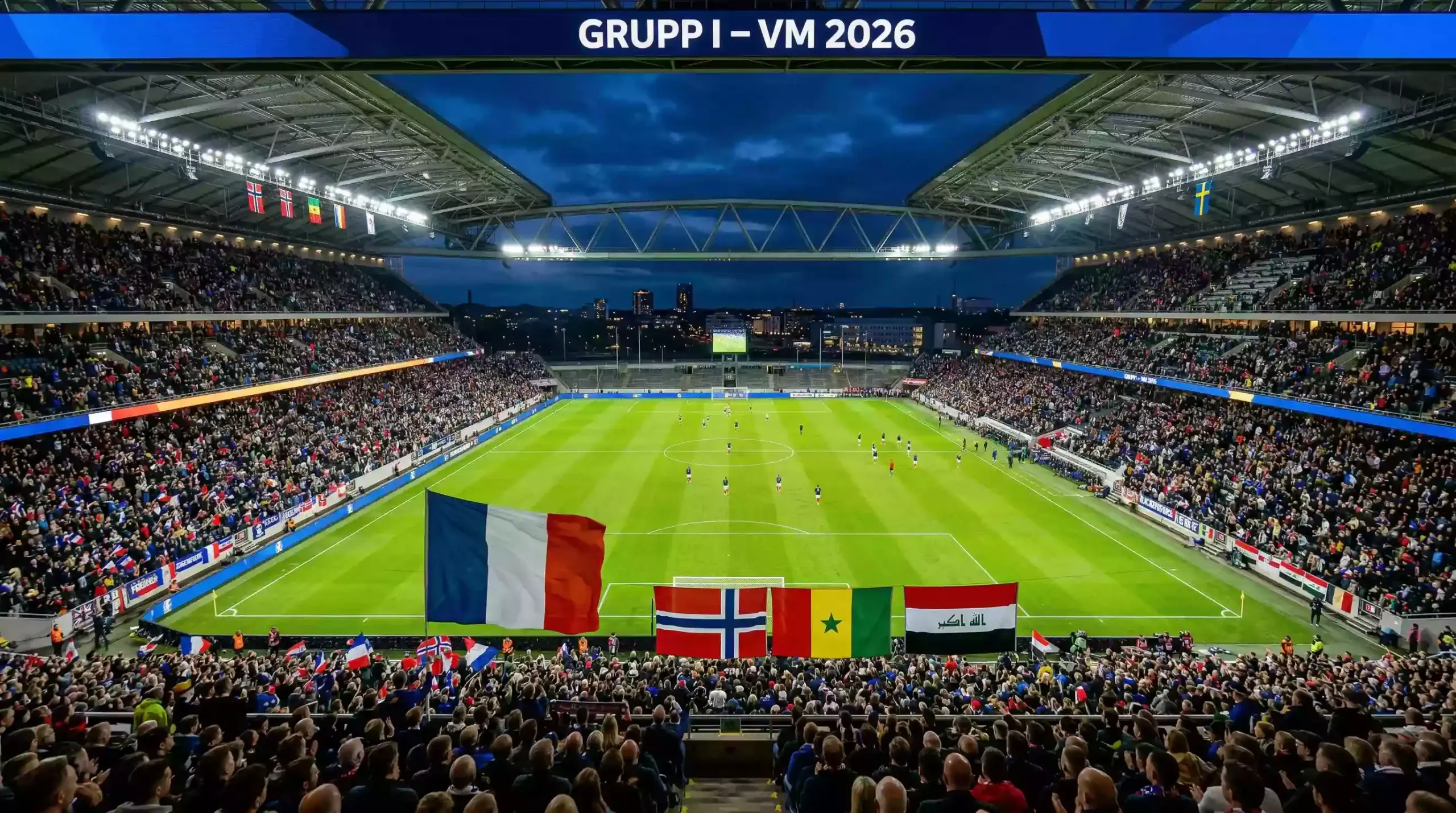 Grupp I på VM 2026 med flaggor från Frankrike, Senegal, Irak och Norge