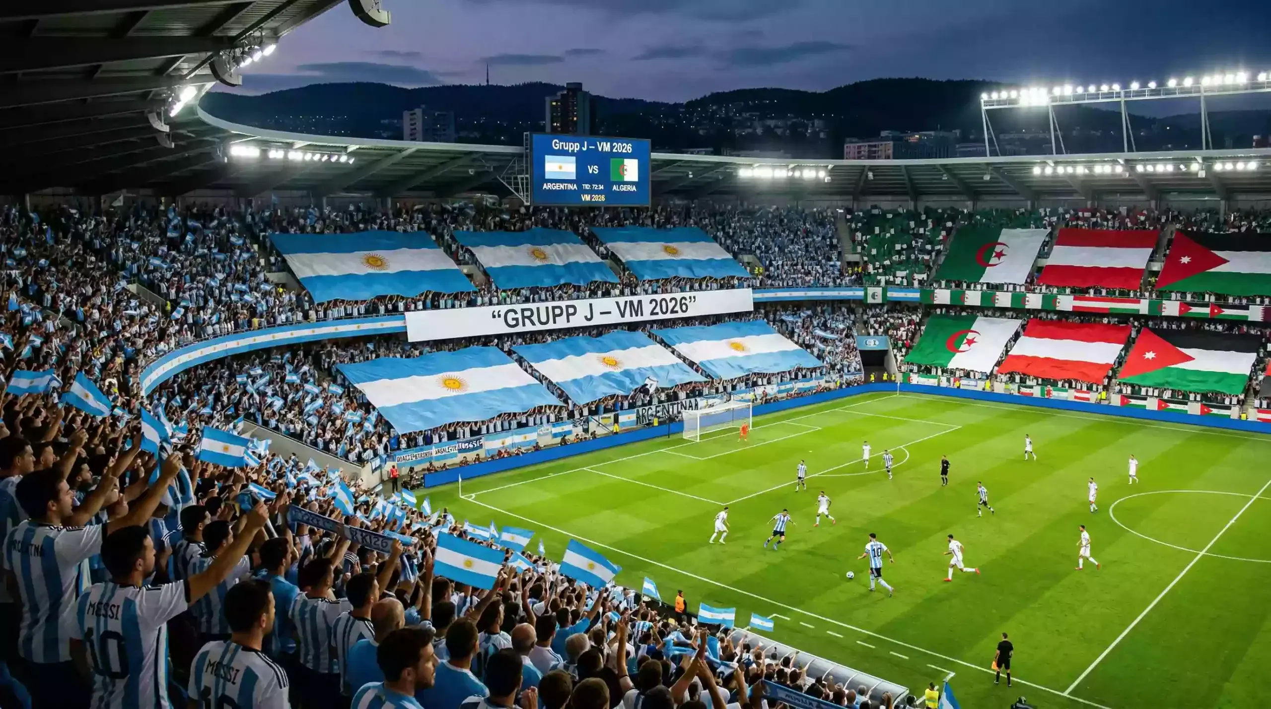 Grupp J på VM 2026 med flaggor från Argentina, Algeriet, Österrike och Jordanien