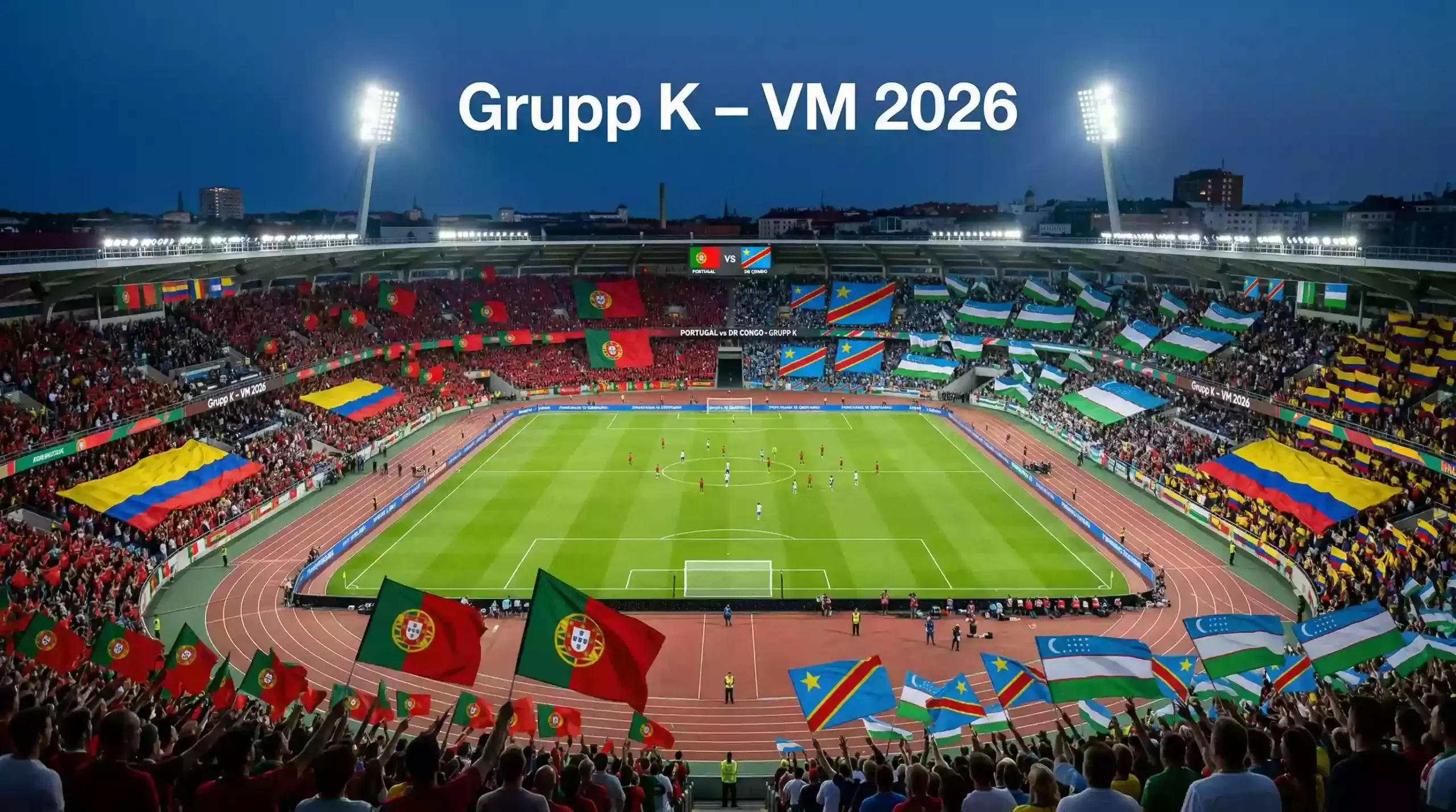 Grupp K på VM 2026 med flaggor från Portugal, DR Kongo, Uzbekistan och Colombia