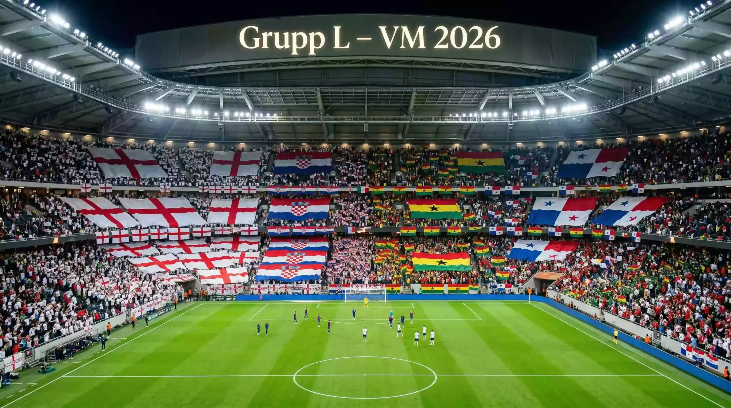 Grupp L på VM 2026 med flaggor från England, Kroatien, Ghana och Panama