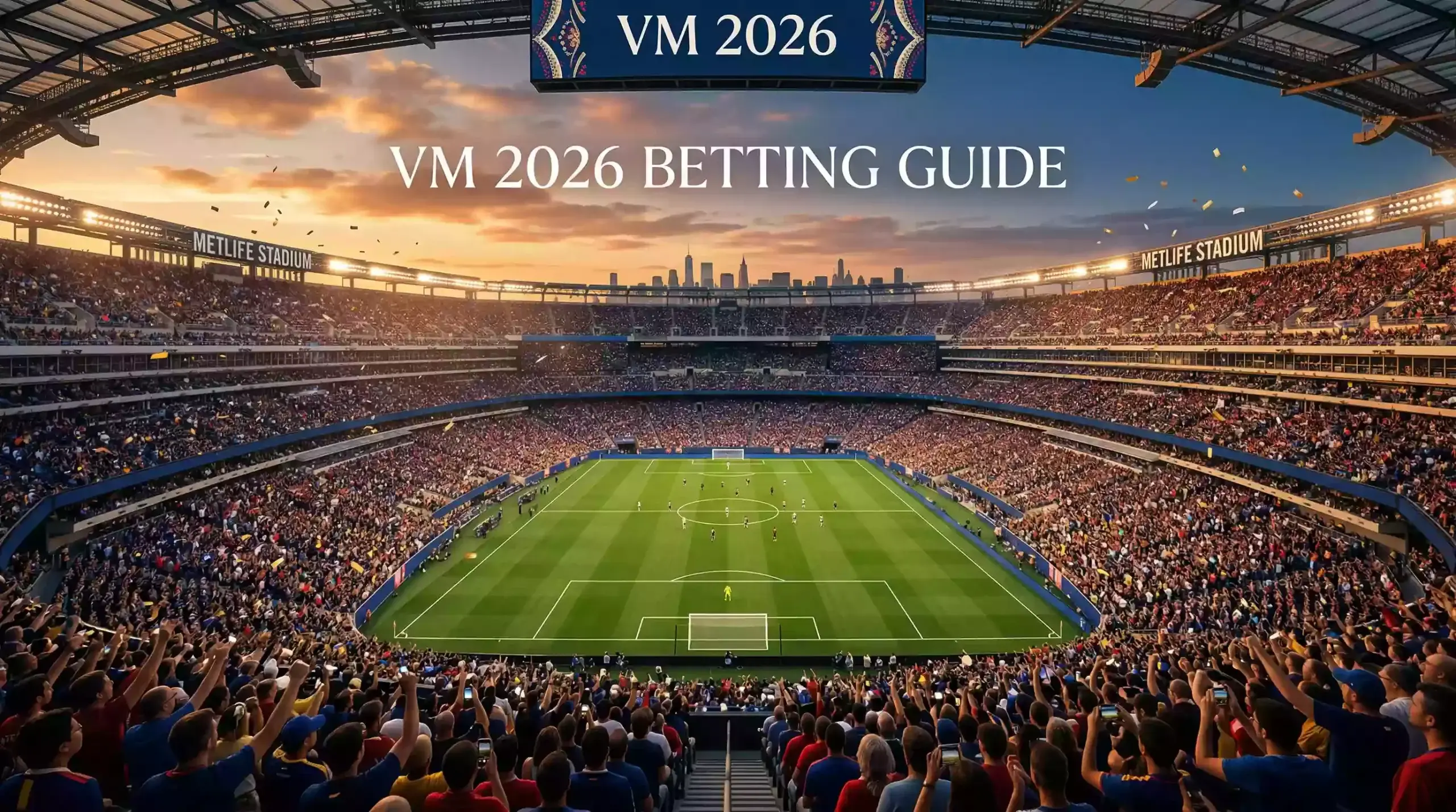 Fotbollsstadion med 48 nationers flaggor under VM 2026 i Nordamerika