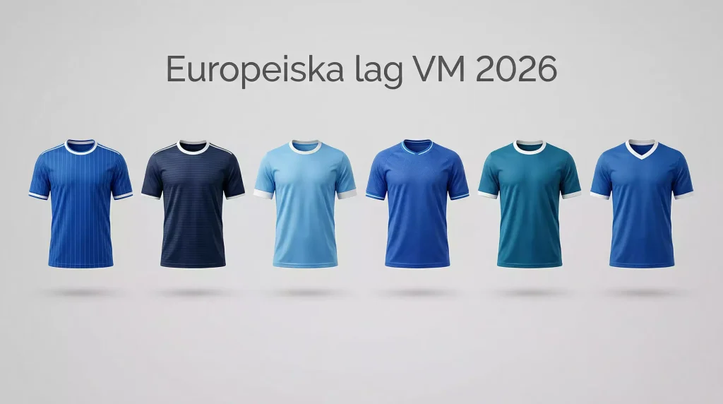 Europeiska flaggor för VM 2026-lag med spelarsilhuetter