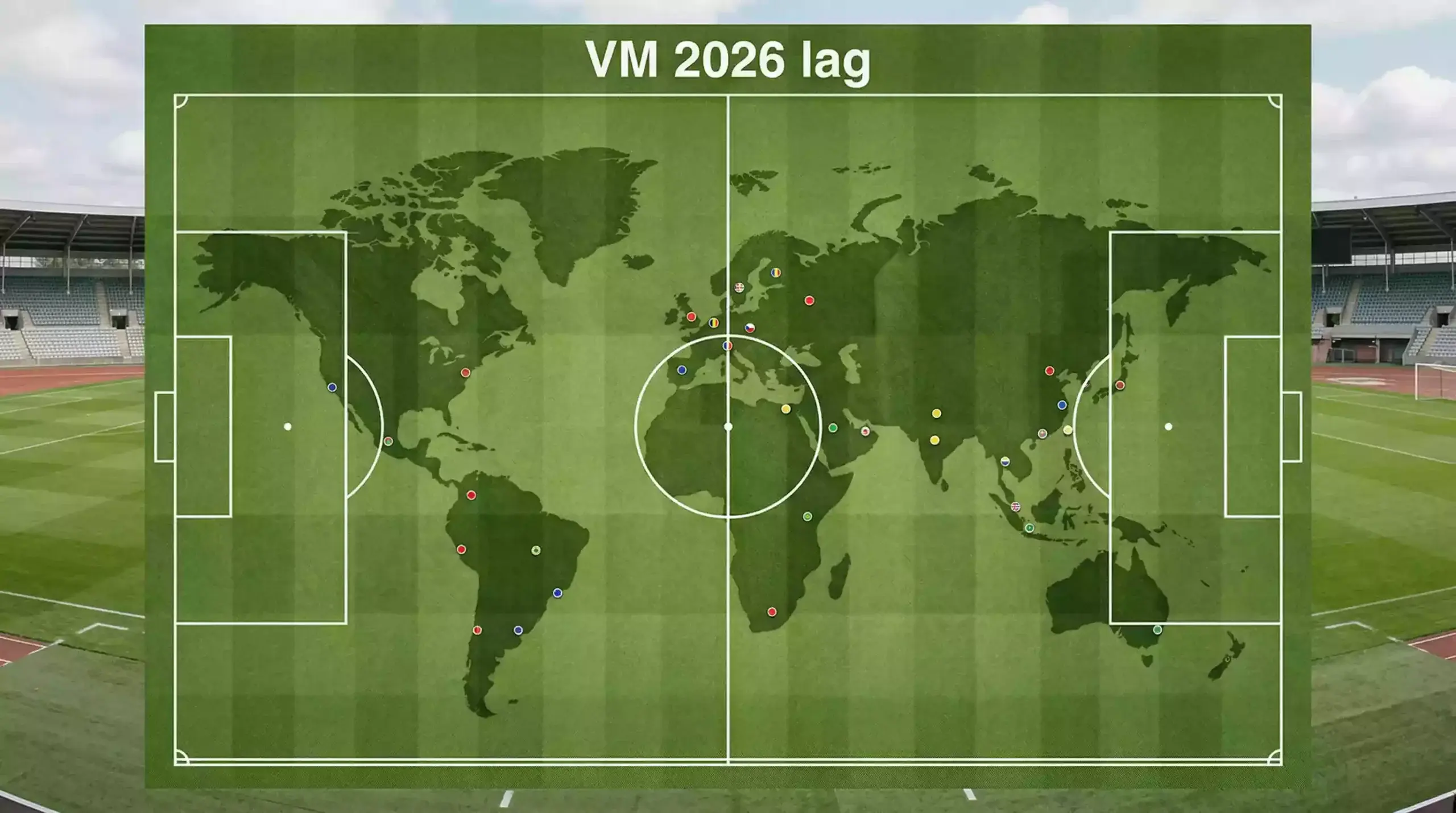 Världskarta med markerade VM 2026-deltagare och deras flaggor