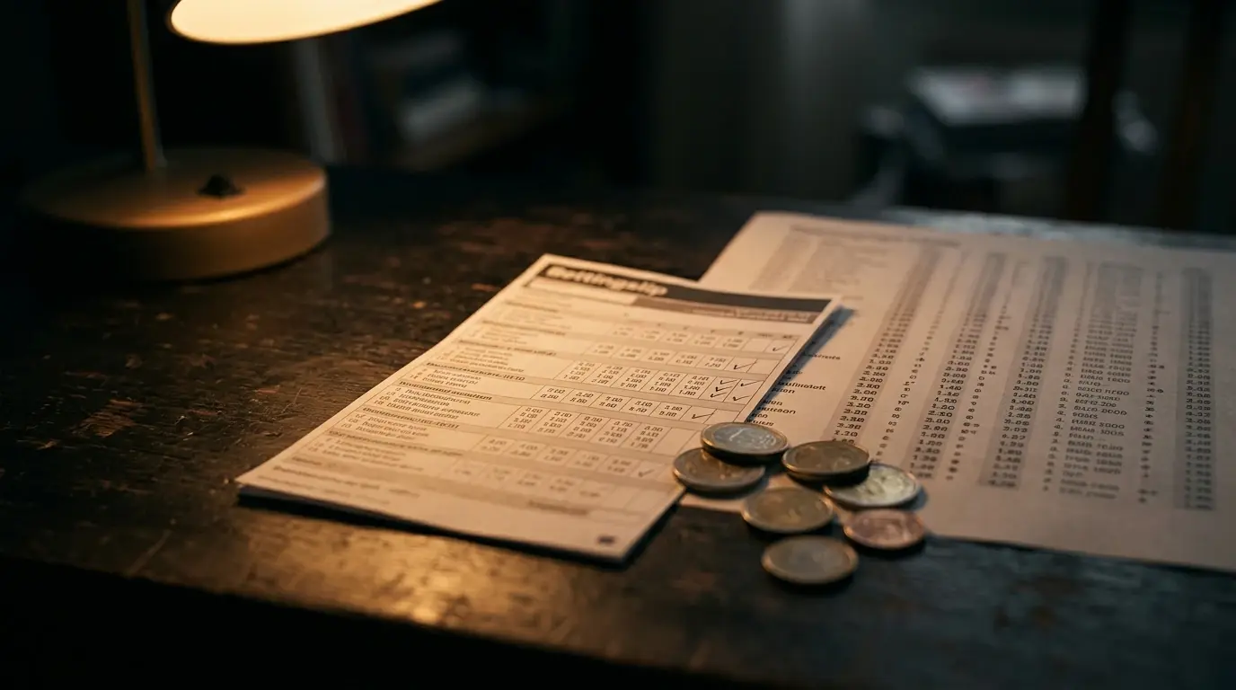 Ett avräkningskvitto och statistikkolumner i dämpat ljus, symbol för avgjorda vad