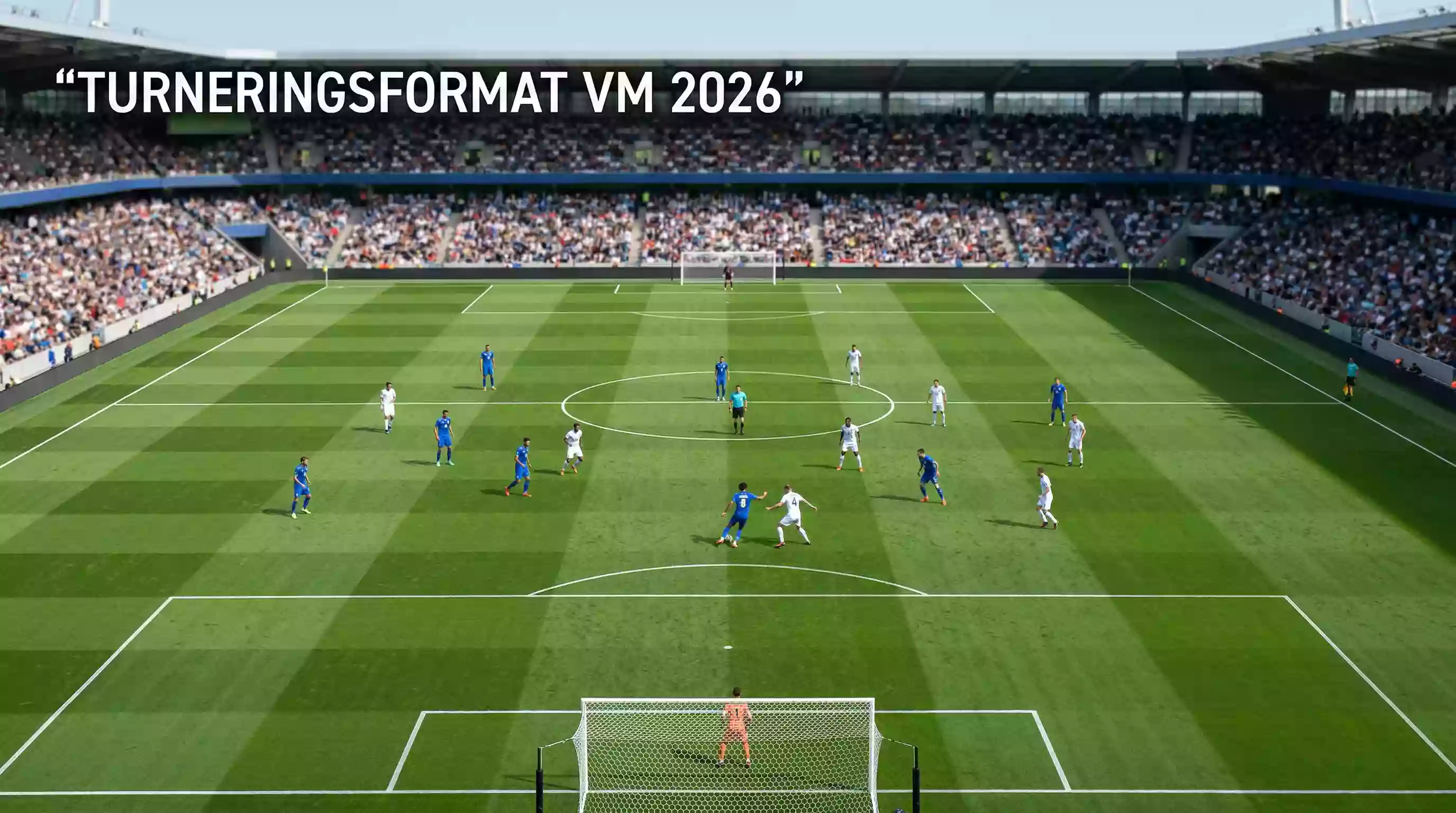 Fotbollsplan med taktisk uppställning som symboliserar VM 2026 gruppspelsformatet