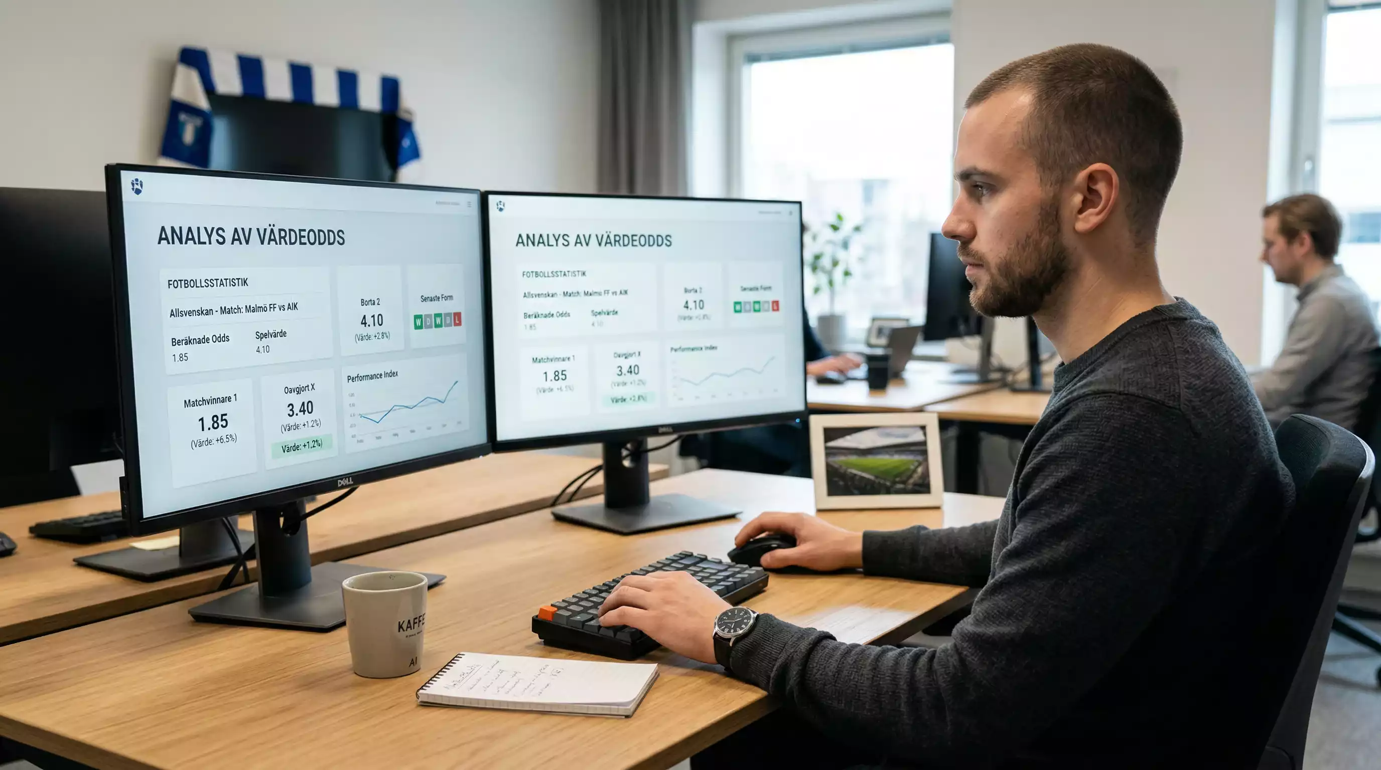 Fotbollsanalytiker studerar VM 2026 matchstatistik på skärm med oddsdata